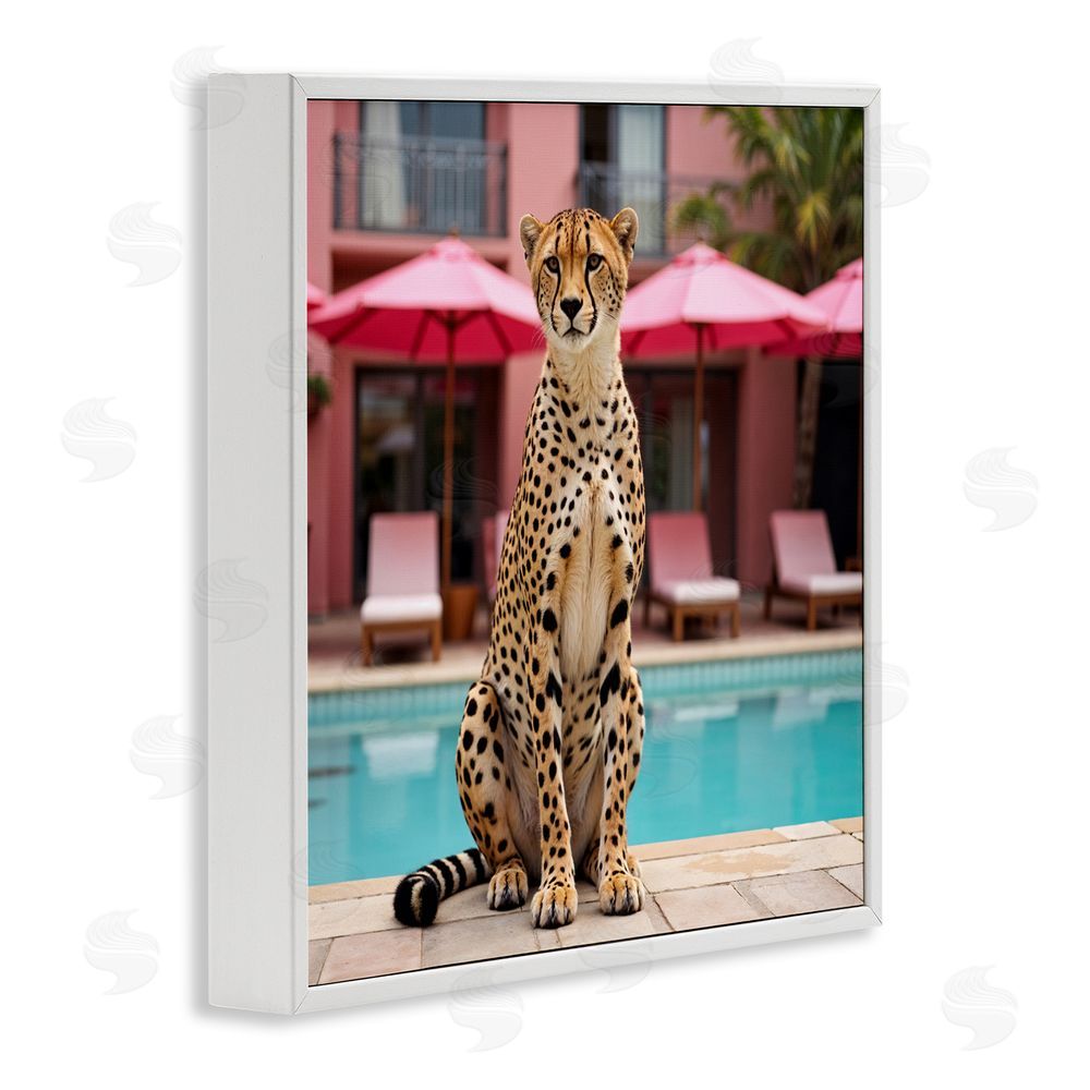 Lettered and Lined Cheetah Posed at Poolside White Framed Giclee Print Wall Art