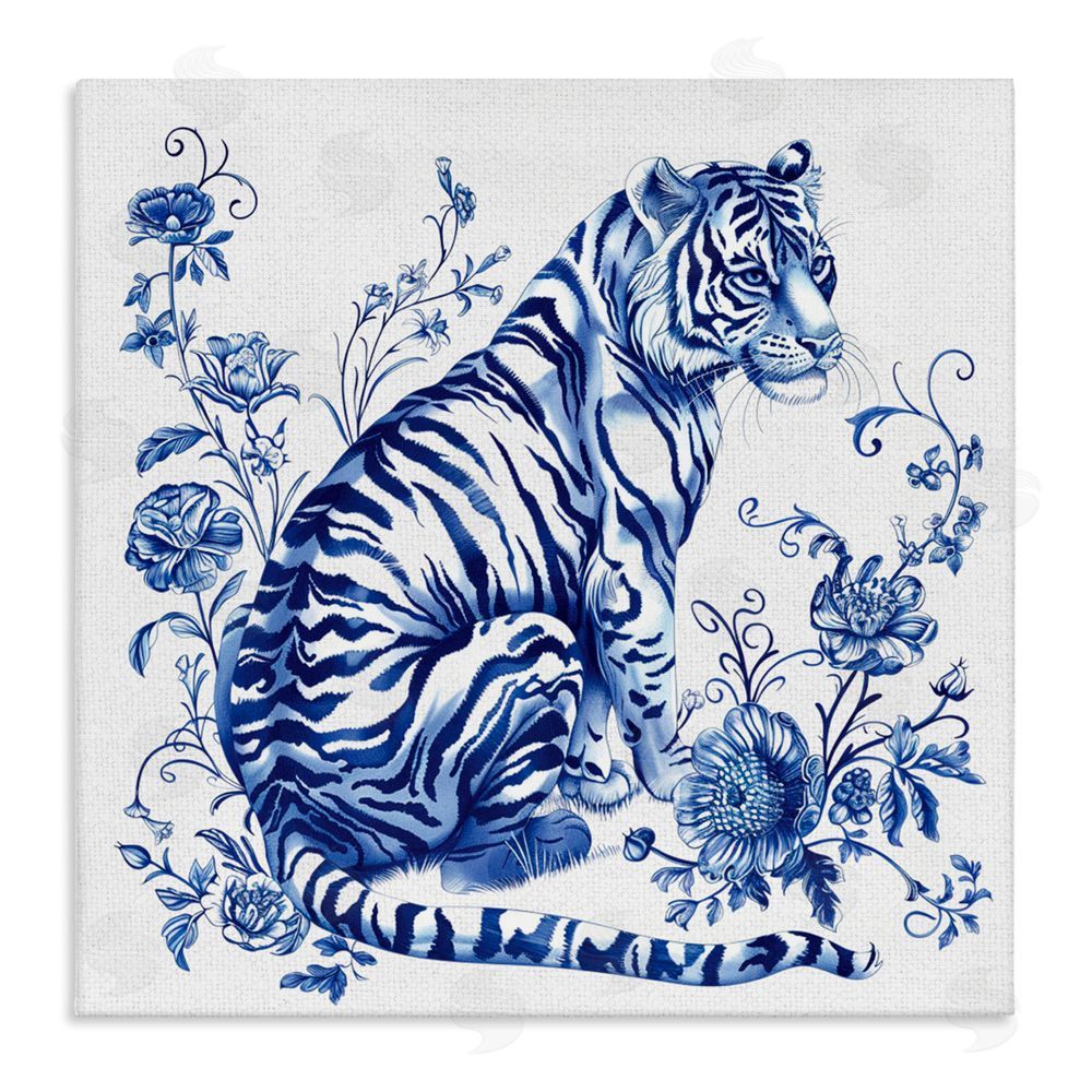 Lettered and Lined Traditional Ornate Floral Tiger Stretched Canvas Wall Art Print