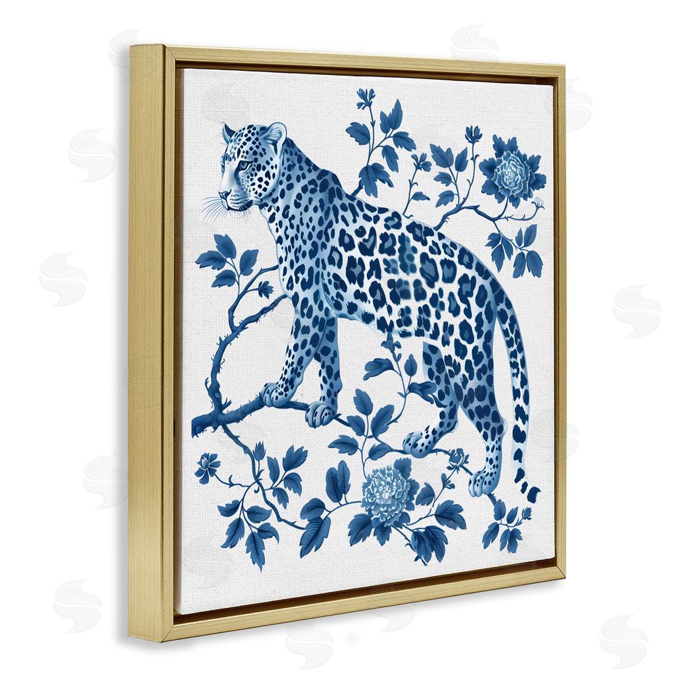 Lettered and Lined Traditional Ornate Floral Leopard Gold Floating Frame Canvas Wall Art Print