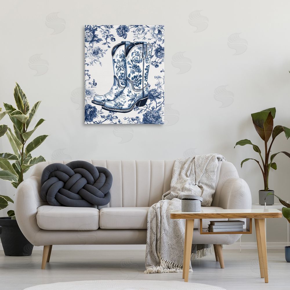 Lettered and Lined Blue Spring Florals & Boots Stretched Canvas Wall Art Print in Room
