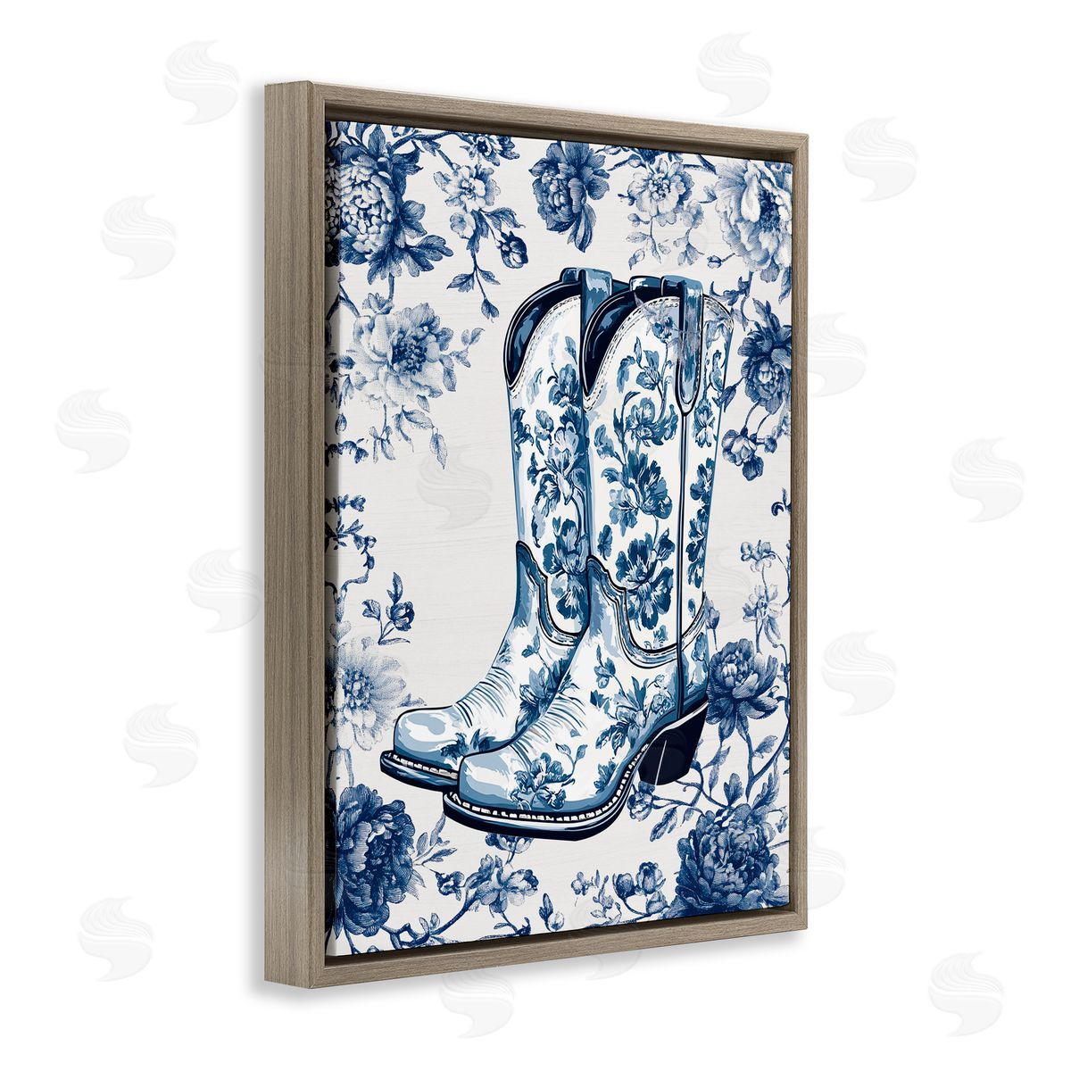 Lettered and Lined Blue Spring Florals & Boots Brown Floating Frame Canvas Wall Art Print