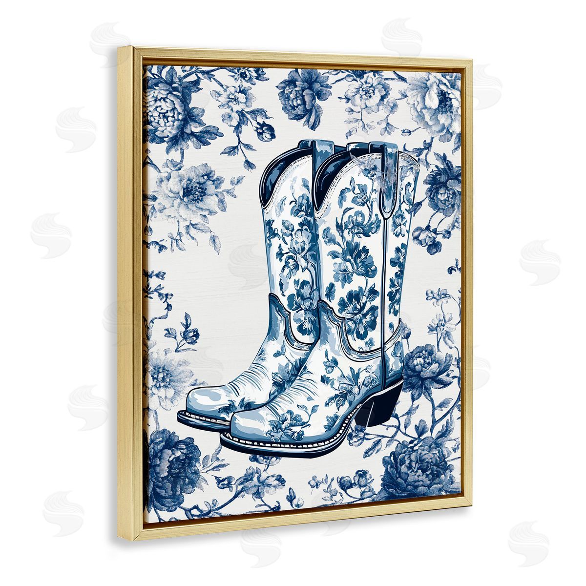 Lettered and Lined Blue Spring Florals & Boots Gold Floating Frame Canvas Wall Art Print