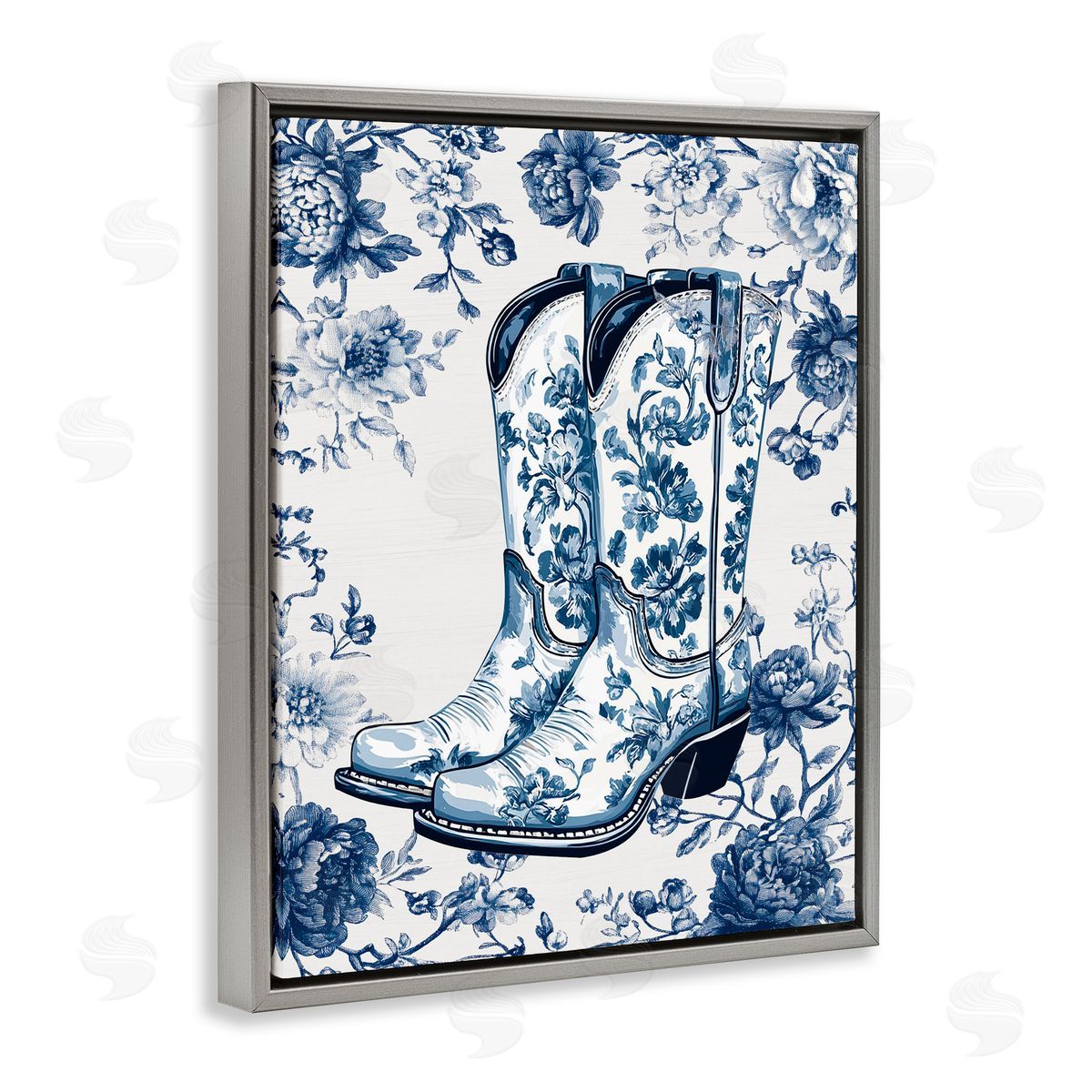 Lettered and Lined Blue Spring Florals & Boots Gray Floating Frame Canvas Wall Art Print