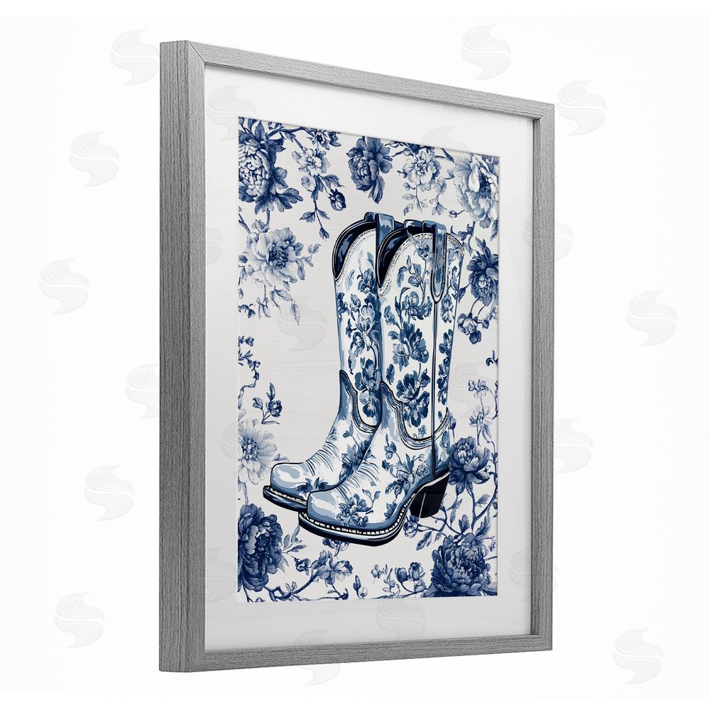 Lettered and Lined Blue Spring Florals & Boots Gray Framed Print Under Glass Wall Art