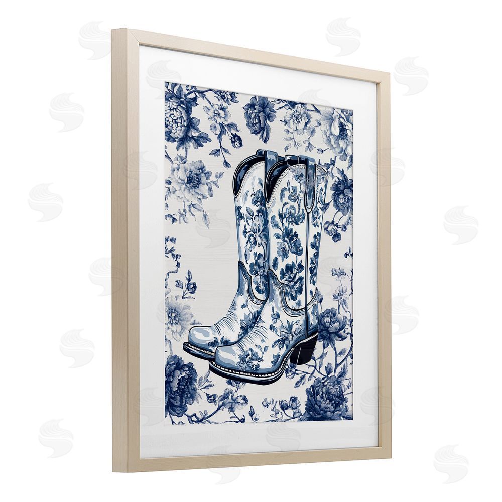 Lettered and Lined Blue Spring Florals & Boots Brown Framed Print Under Glass Wall Art