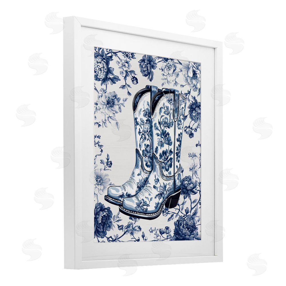 Lettered and Lined Blue Spring Florals & Boots White Framed Print Under Glass Wall Art