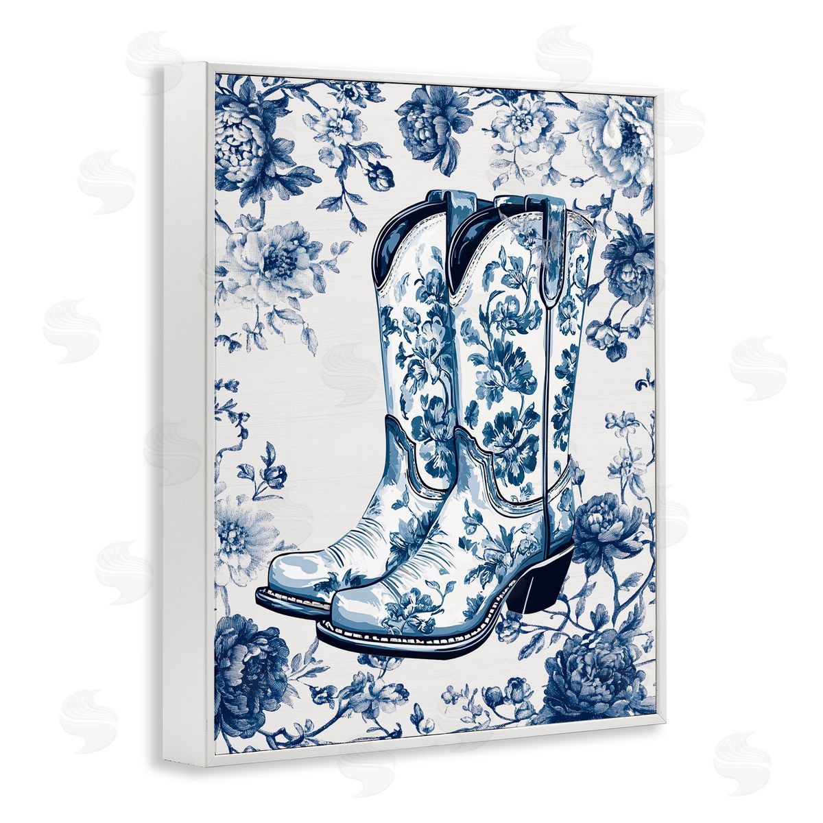 Lettered and Lined Blue Spring Florals & Boots White Framed Giclee Print Wall Art