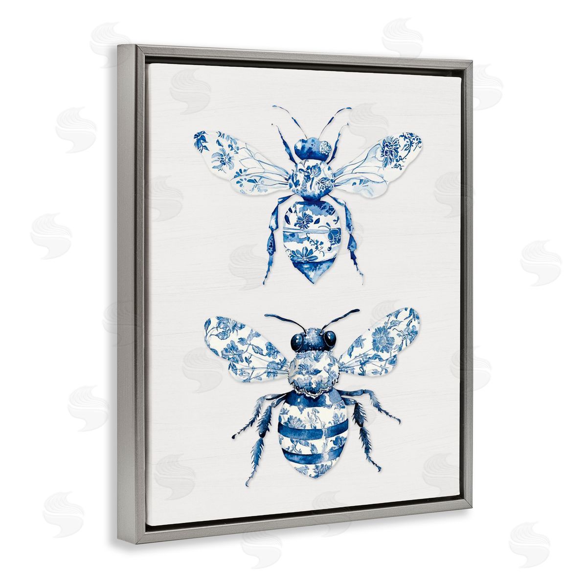 Lettered and Lined Toile Patterned Bees Gray Floating Frame Canvas Wall Art Print
