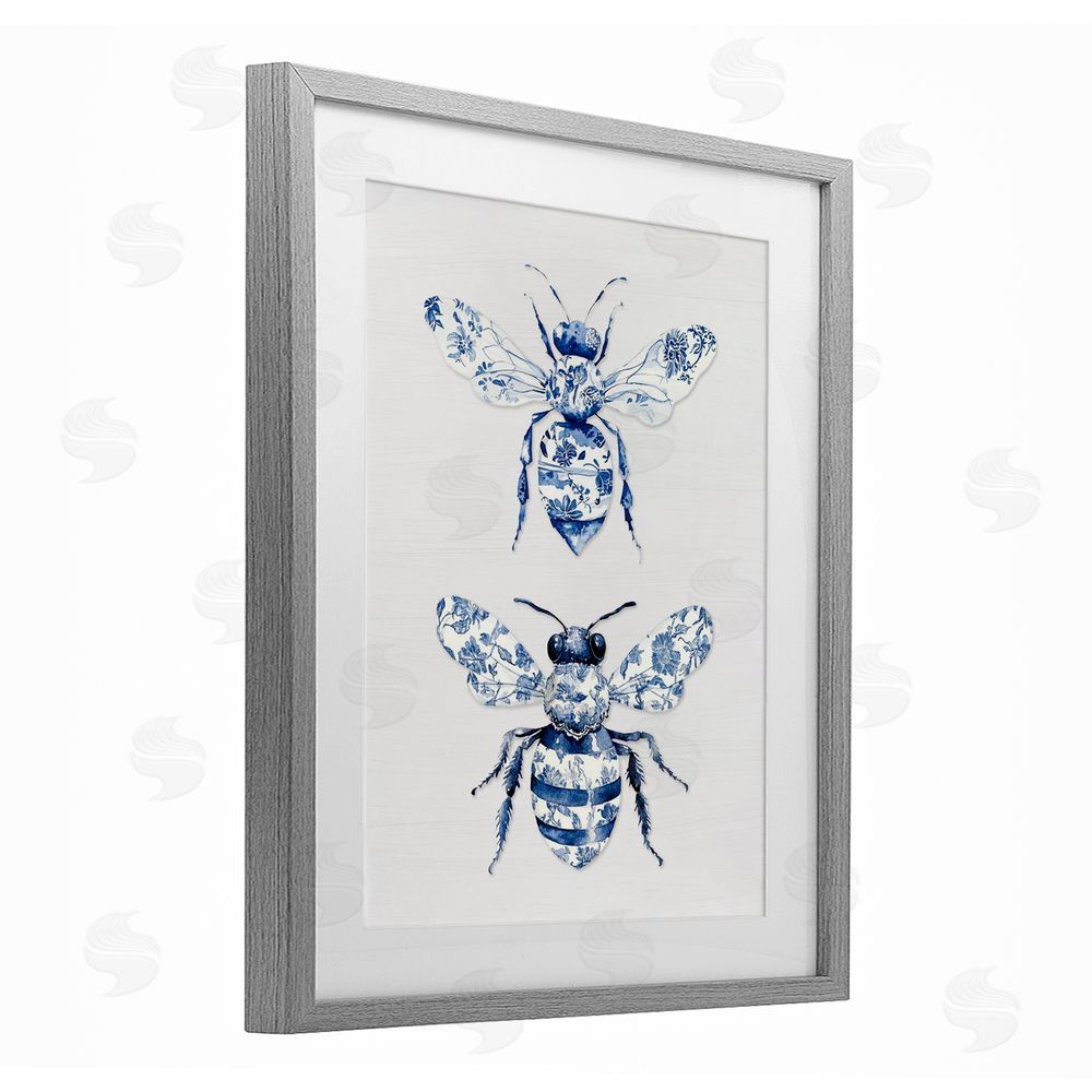 Lettered and Lined Toile Patterned Bees Gray Framed Print Under Glass Wall Art