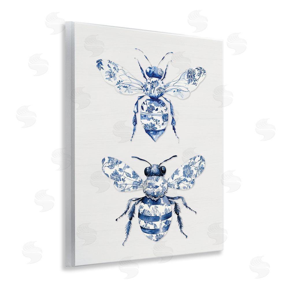 Lettered and Lined Toile Patterned Bees Wooden Wall Plaque Art Print