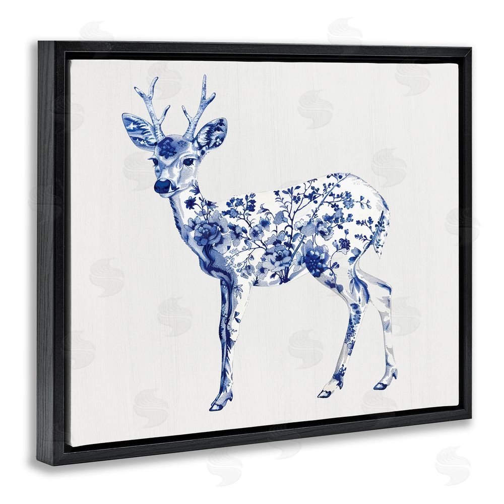 Lettered and Lined Graceful Toile Deer Black Floating Frame Canvas Wall Art Print