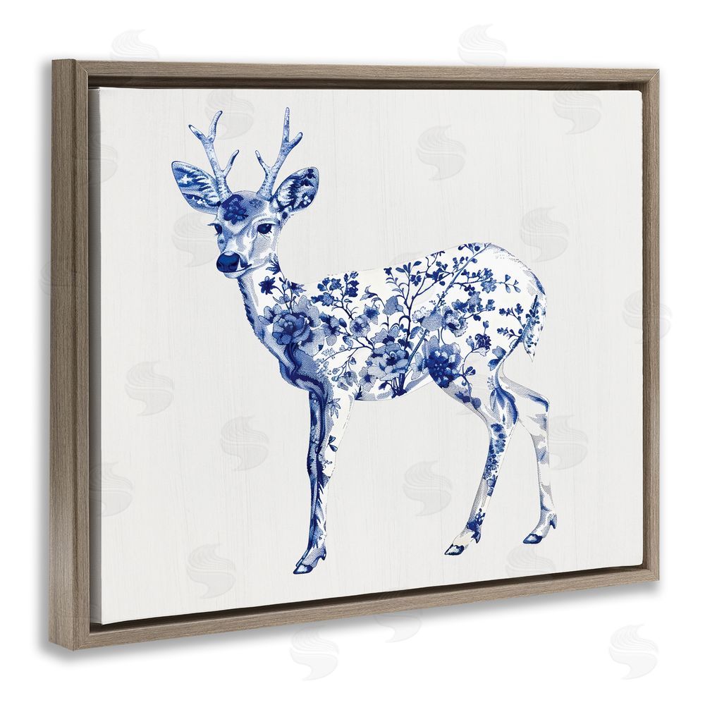 Lettered and Lined Graceful Toile Deer Brown Floating Frame Canvas Wall Art Print