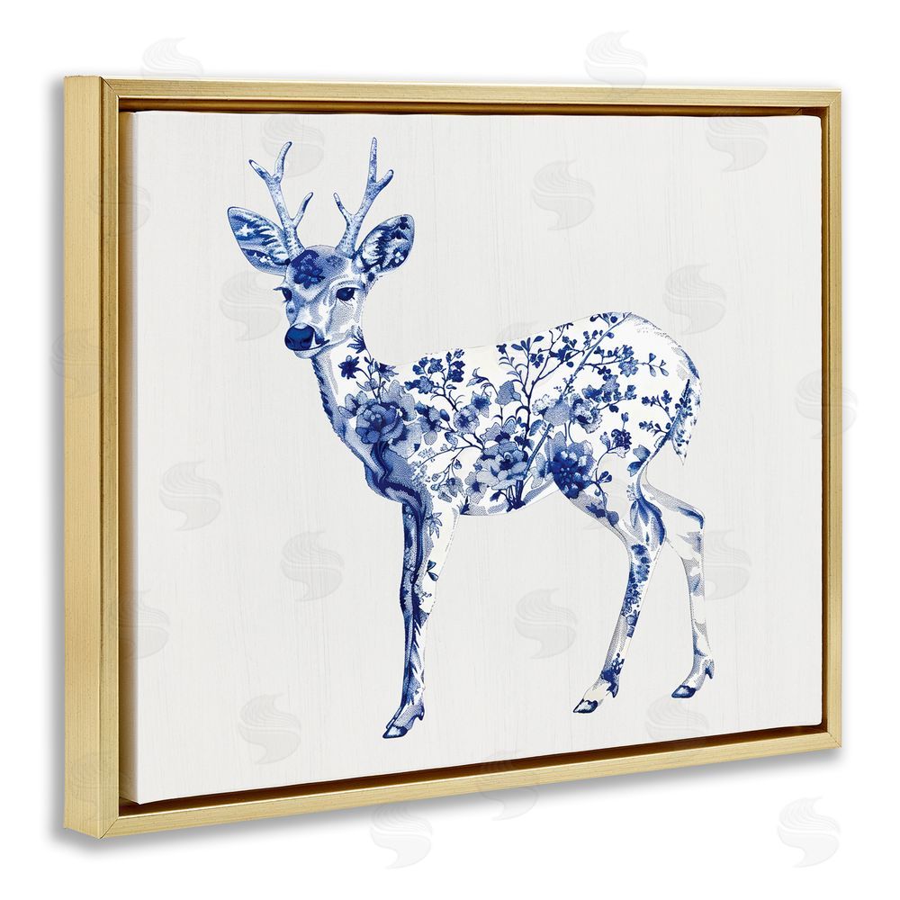 Lettered and Lined Graceful Toile Deer Gold Floating Frame Canvas Wall Art Print