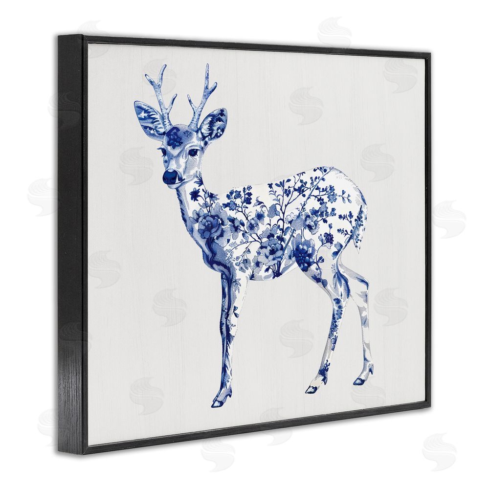 Lettered and Lined Graceful Toile Deer Black Framed Giclee Print Wall Art