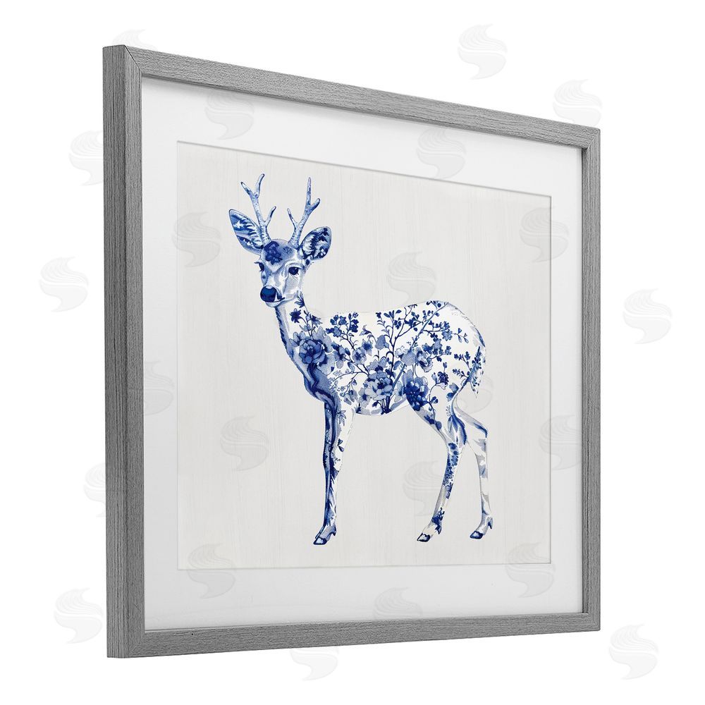 Lettered and Lined Graceful Toile Deer Gray Framed Print Under Glass Wall Art