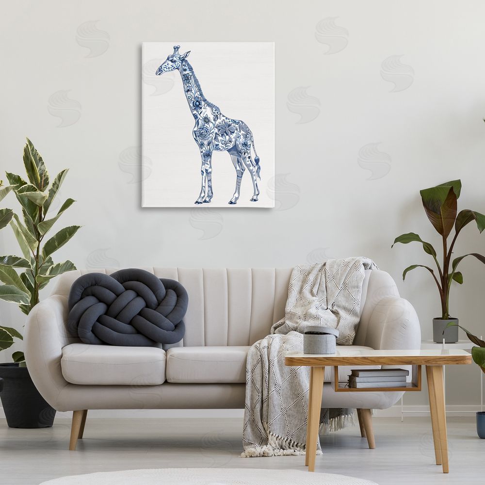 Lettered and Lined Vintage Toile Giraffe Stretched Canvas Wall Art Print in Room