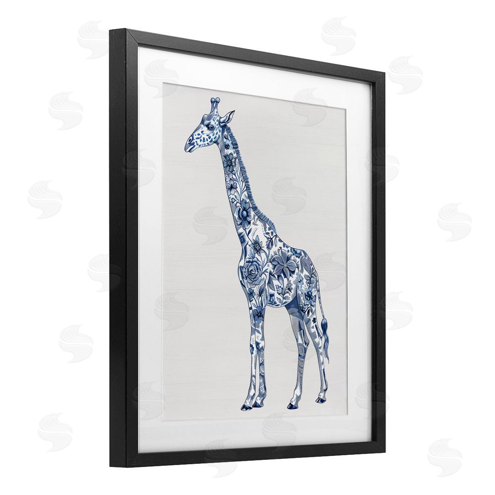 Lettered and Lined Vintage Toile Giraffe Black Framed Print Under Glass Wall Art