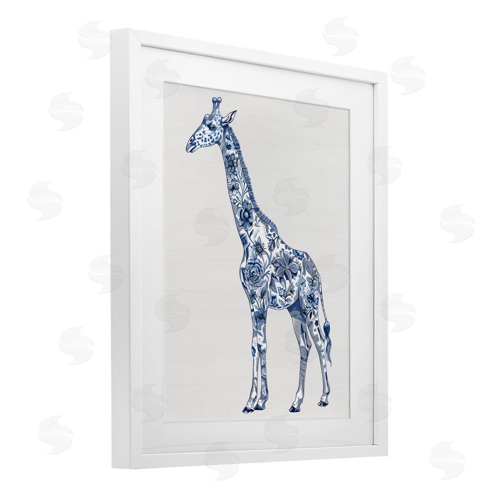 Lettered and Lined Vintage Toile Giraffe White Framed Print Under Glass Wall Art