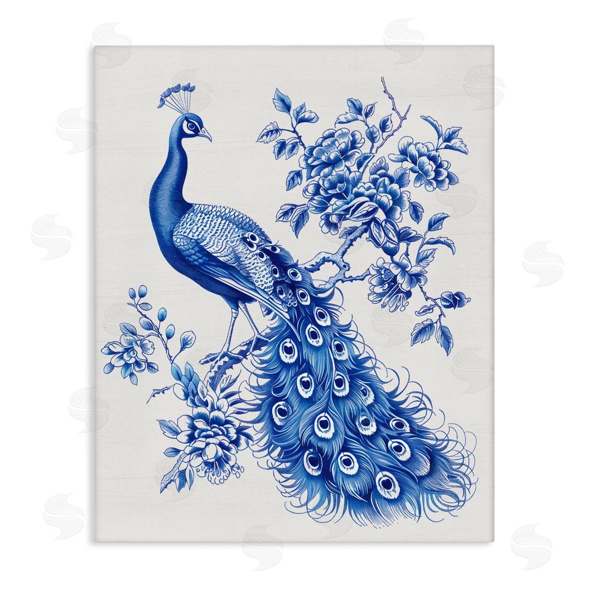 Lettered and Lined Vintage Peacock in Toile Style Stretched Canvas Wall Art Print
