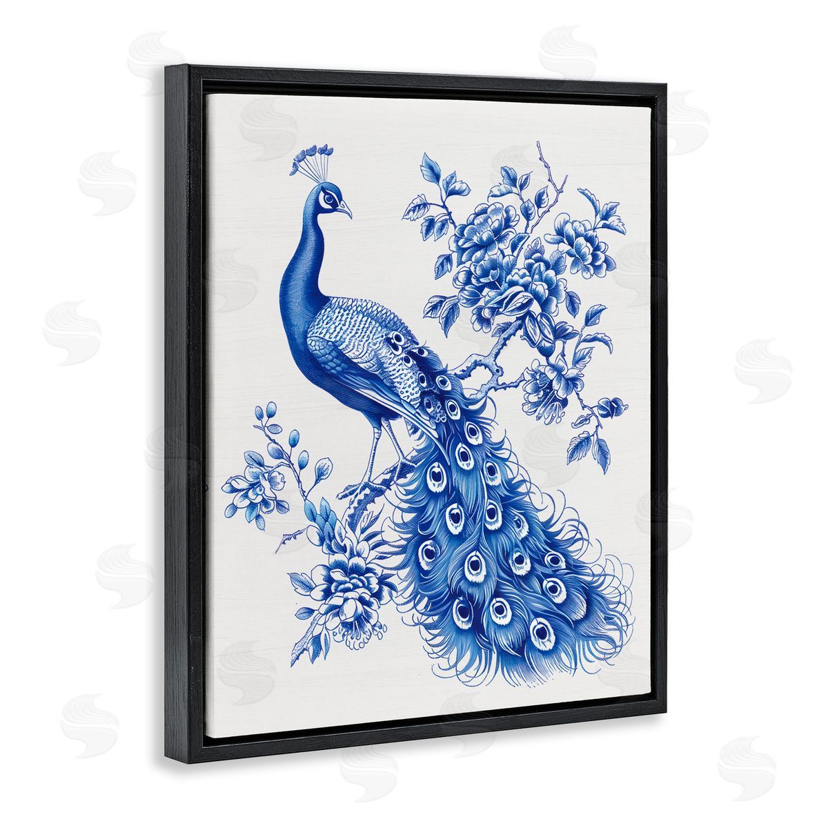Lettered and Lined Vintage Peacock in Toile Style Black Floating Frame Canvas Wall Art Print
