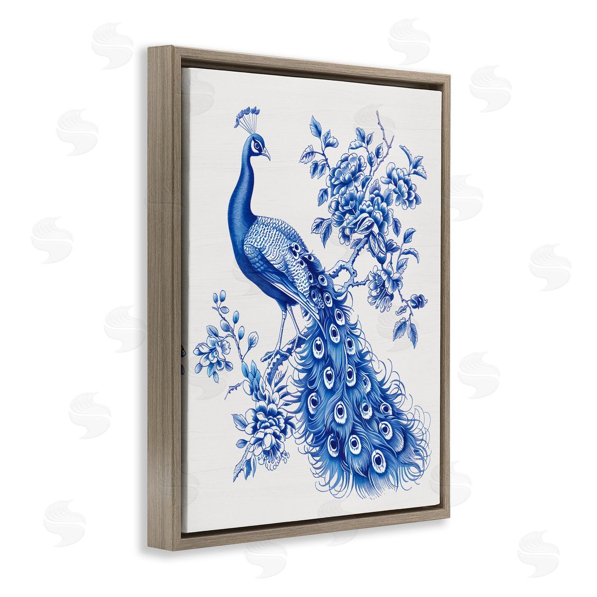 Lettered and Lined Vintage Peacock in Toile Style Brown Floating Frame Canvas Wall Art Print