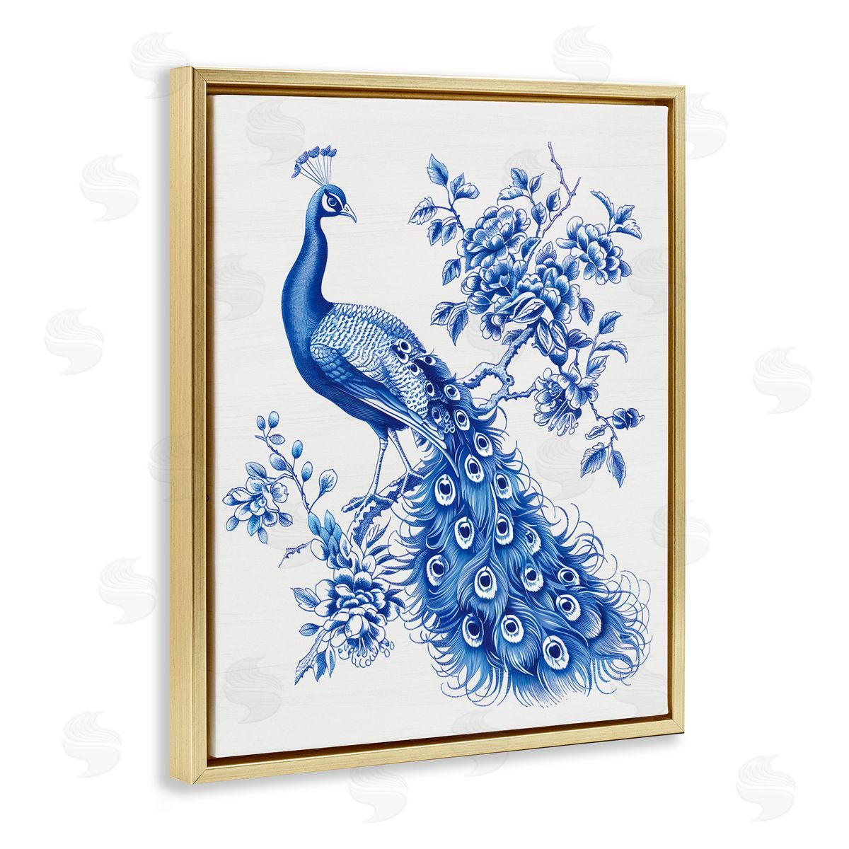 Lettered and Lined Vintage Peacock in Toile Style Gold Floating Frame Canvas Wall Art Print