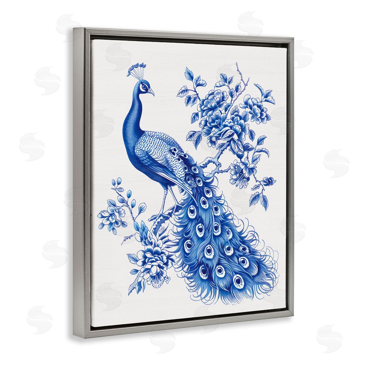 Lettered and Lined Vintage Peacock in Toile Style Gray Floating Frame Canvas Wall Art Print