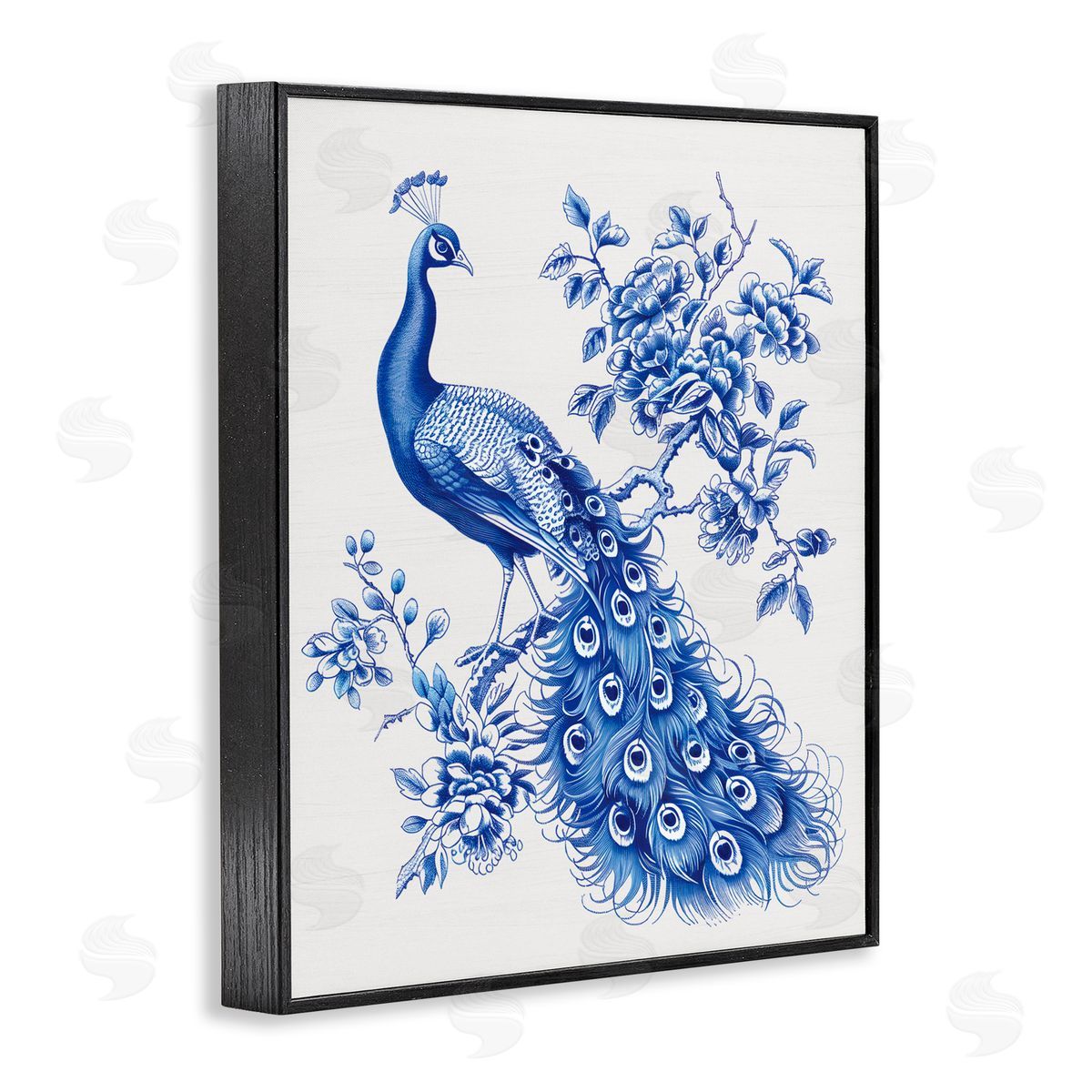 Lettered and Lined Vintage Peacock in Toile Style Black Framed Giclee Print Wall Art