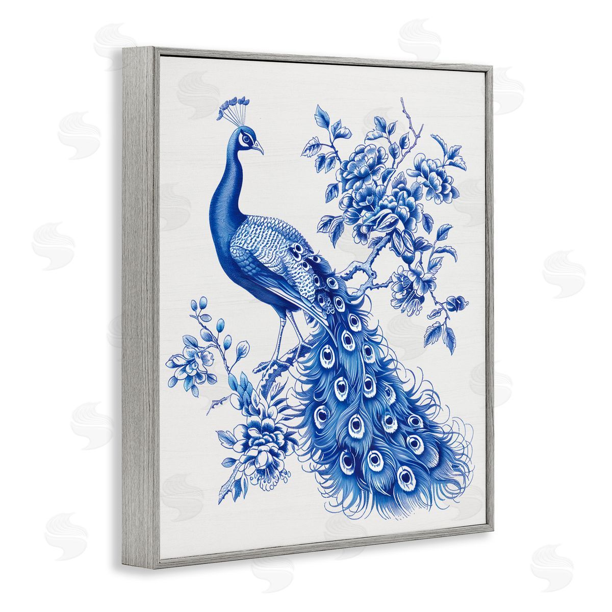 Lettered and Lined Vintage Peacock in Toile Style Gray Framed Giclee Print Wall Art