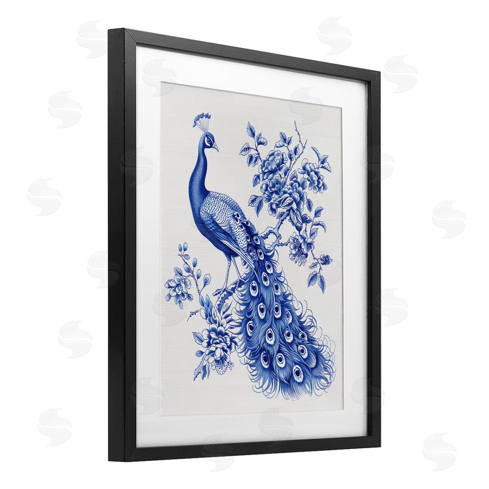 Lettered and Lined Vintage Peacock in Toile Style Black Framed Print Under Glass Wall Art