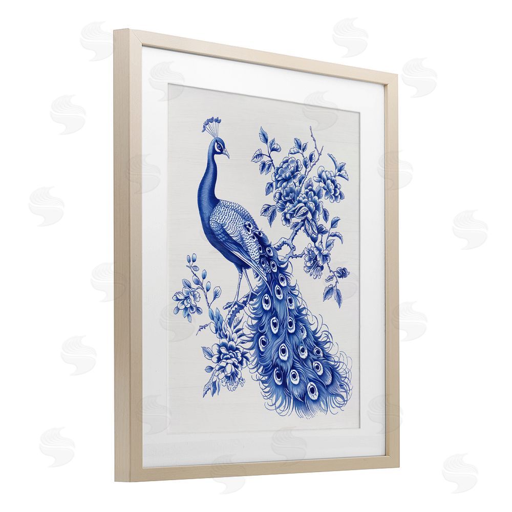 Lettered and Lined Vintage Peacock in Toile Style Brown Framed Print Under Glass Wall Art