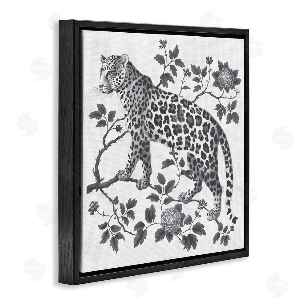 Lettered and Lined Monochrome Detail Leopard Black Floating Frame Canvas Wall Art Print