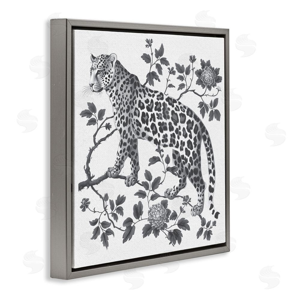Lettered and Lined Monochrome Detail Leopard Gray Floating Frame Canvas Wall Art Print