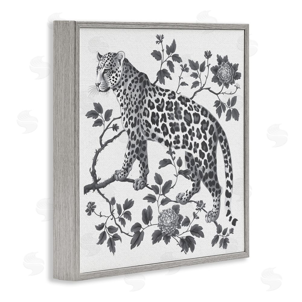 Lettered and Lined Monochrome Detail Leopard Gray Framed Giclee Print Wall Art