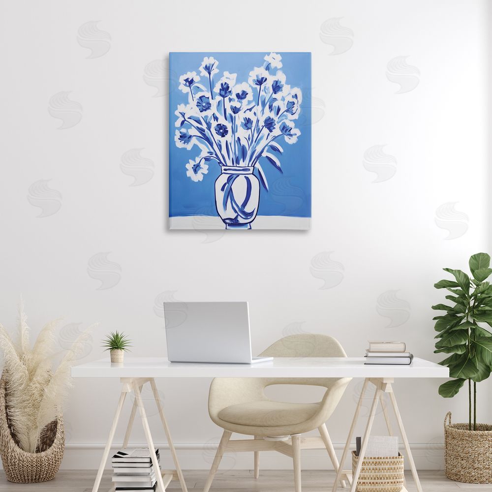 Lettered and Lined Blue & White Contrast Flowers Stretched Canvas Wall Art Print in Room
