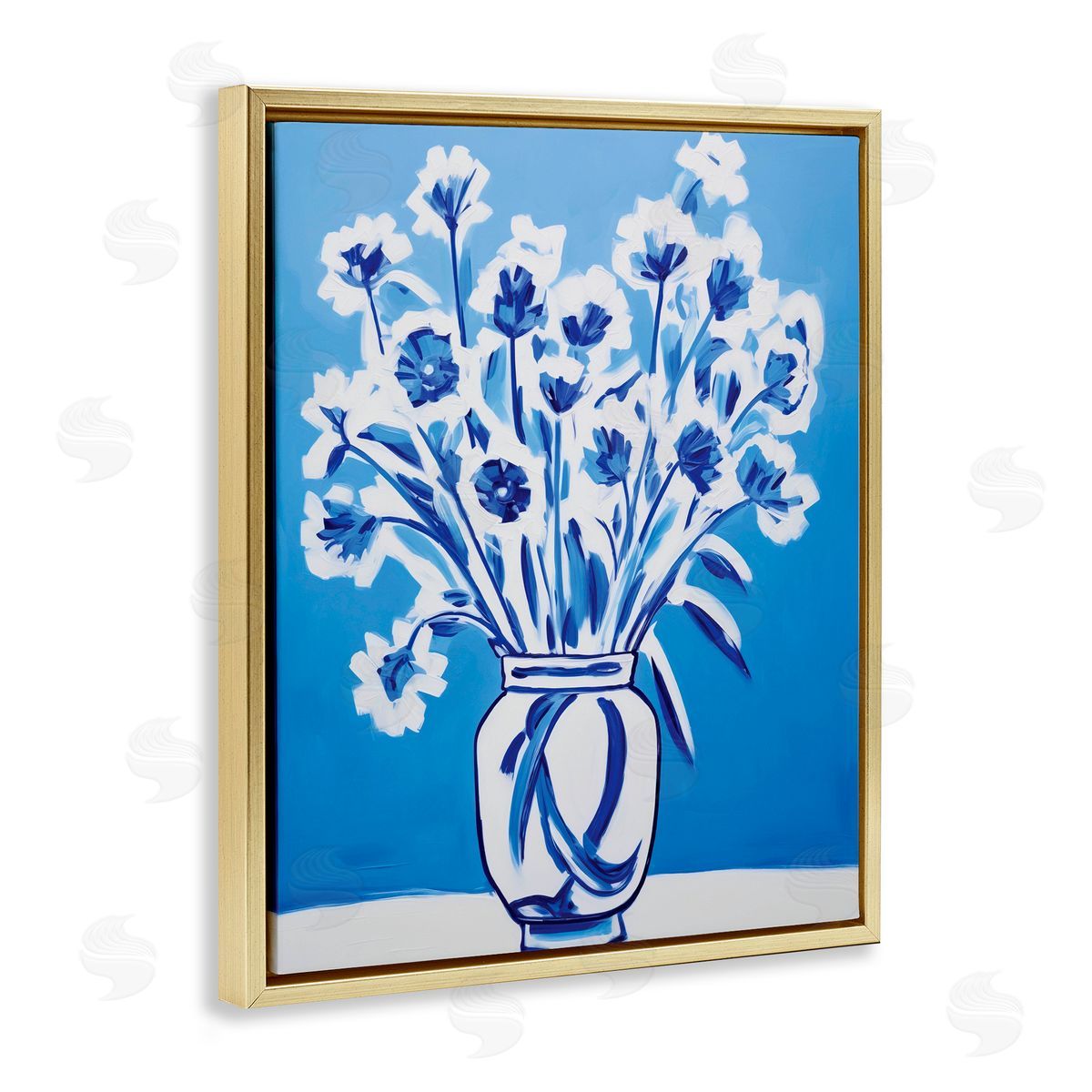 Lettered and Lined Blue & White Contrast Flowers Gold Floating Frame Canvas Wall Art Print