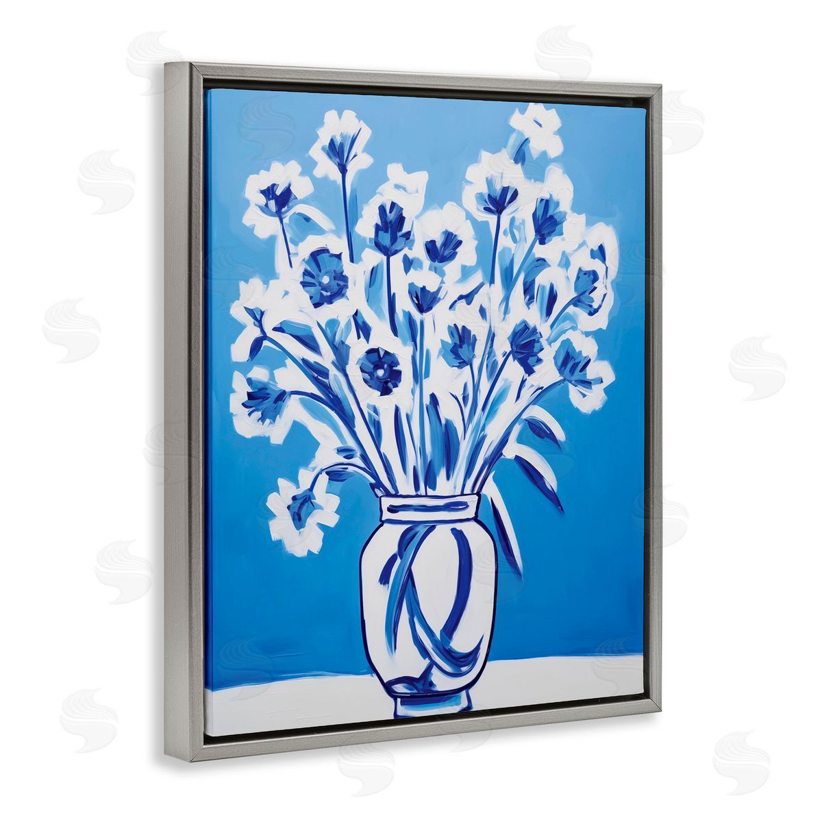 Lettered and Lined Blue & White Contrast Flowers Gray Floating Frame Canvas Wall Art Print