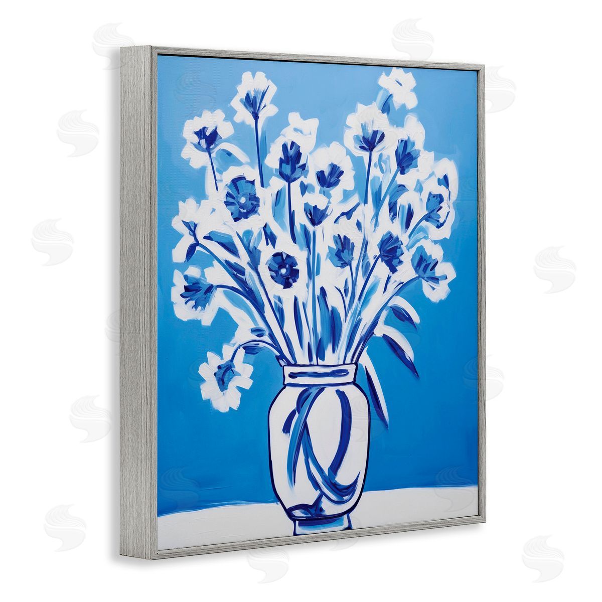 Lettered and Lined Blue & White Contrast Flowers Gray Framed Giclee Print Wall Art