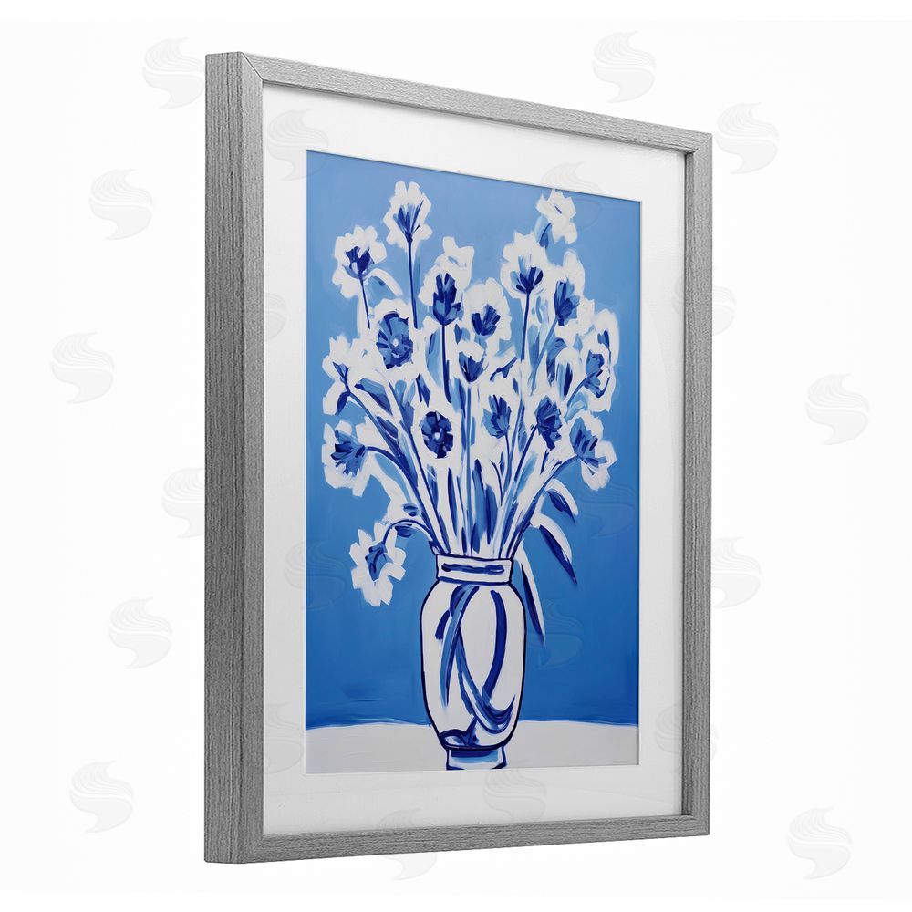 Lettered and Lined Blue & White Contrast Flowers Gray Framed Print Under Glass Wall Art