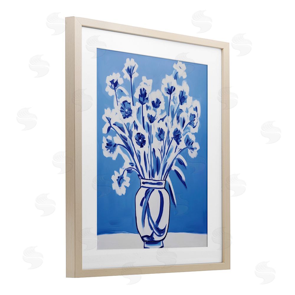 Lettered and Lined Blue & White Contrast Flowers Brown Framed Print Under Glass Wall Art