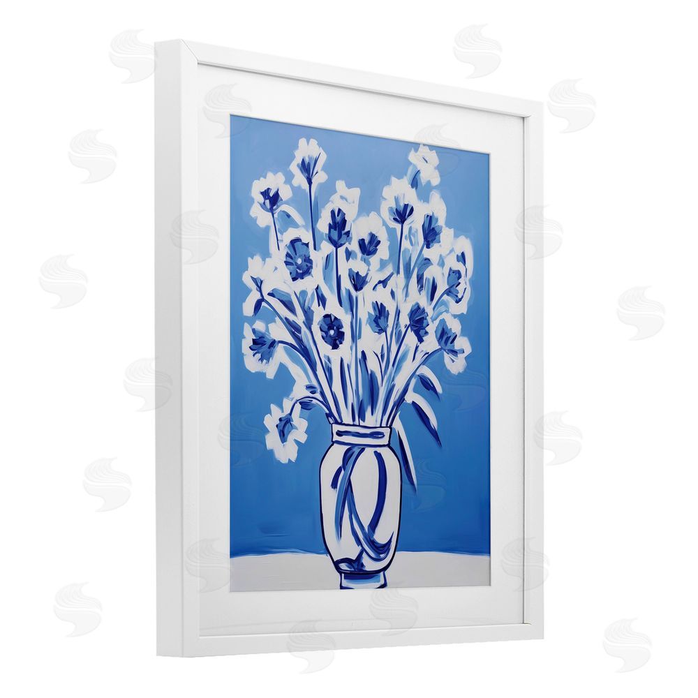Lettered and Lined Blue & White Contrast Flowers White Framed Print Under Glass Wall Art