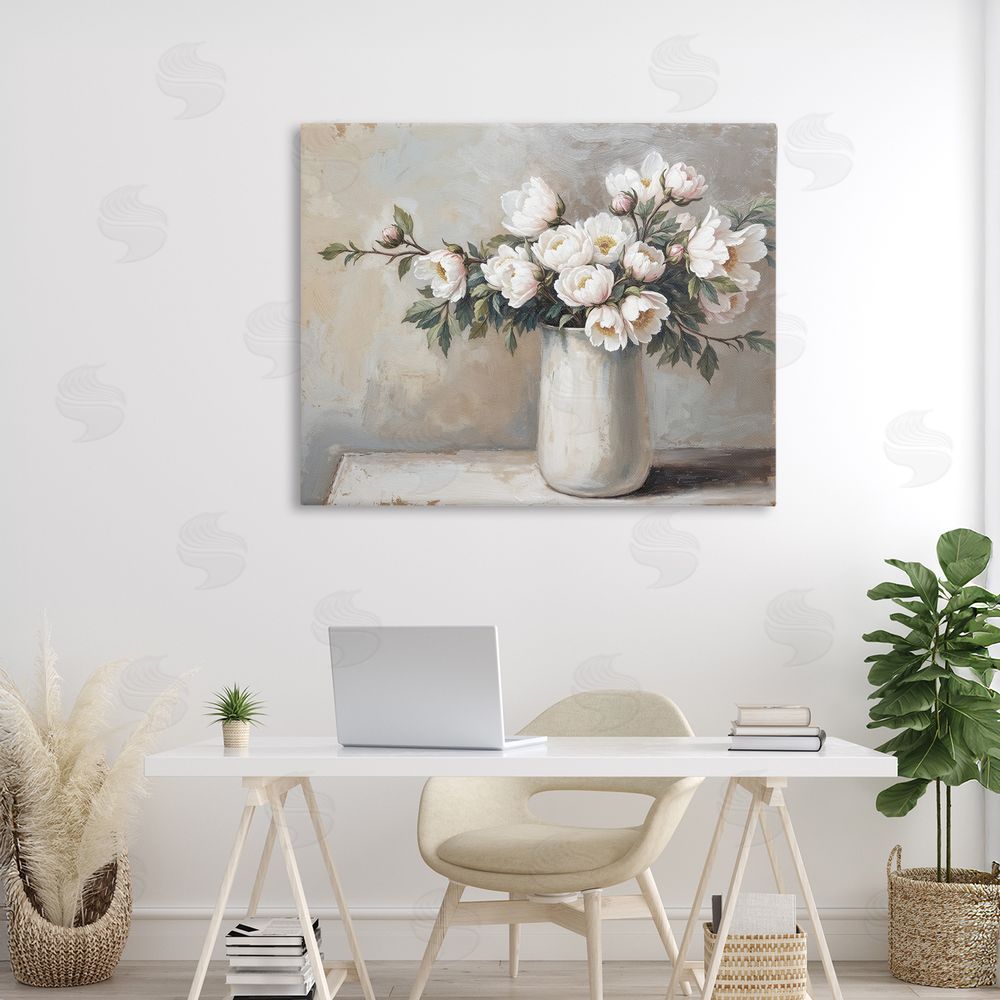 Lettered and Lined White Flowers in Vase Still Life Stretched Canvas Wall Art Print in Room