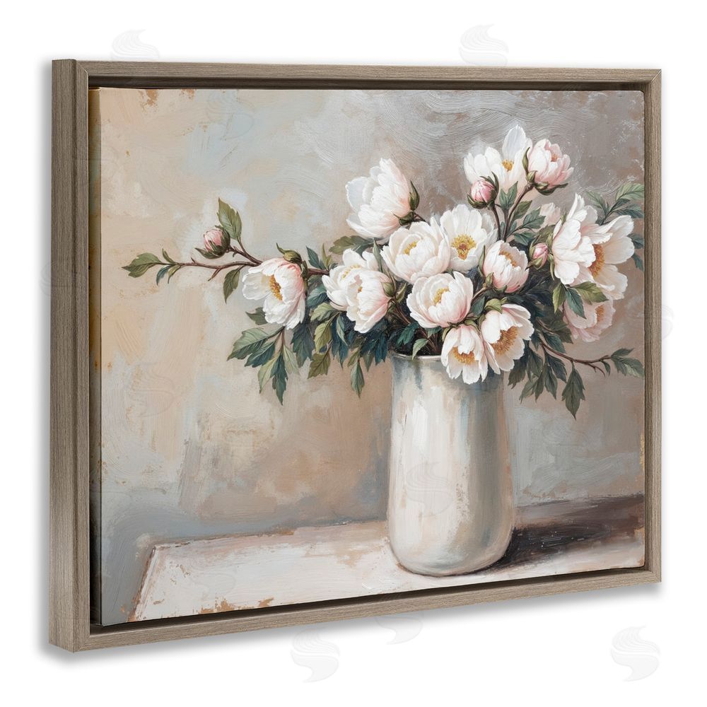 Lettered and Lined White Flowers in Vase Still Life Brown Floating Frame Canvas Wall Art Print