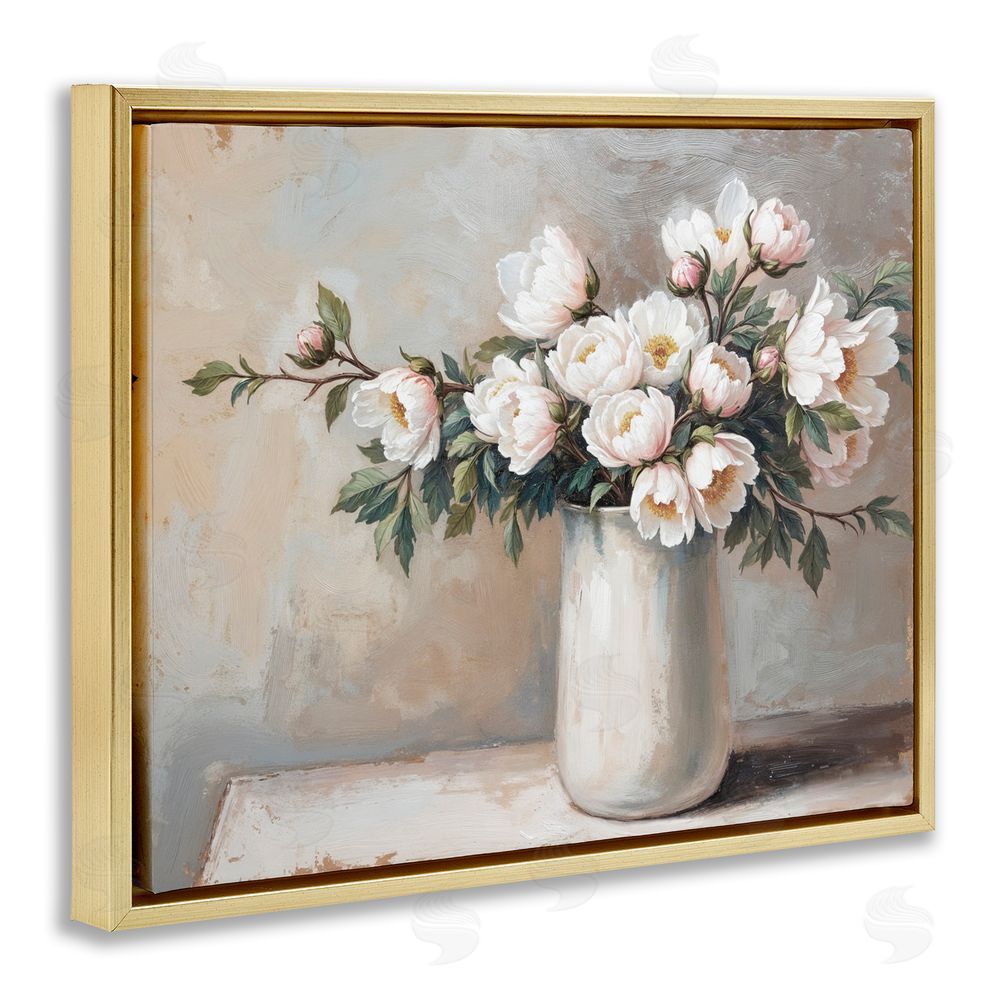 Lettered and Lined White Flowers in Vase Still Life Gold Floating Frame Canvas Wall Art Print