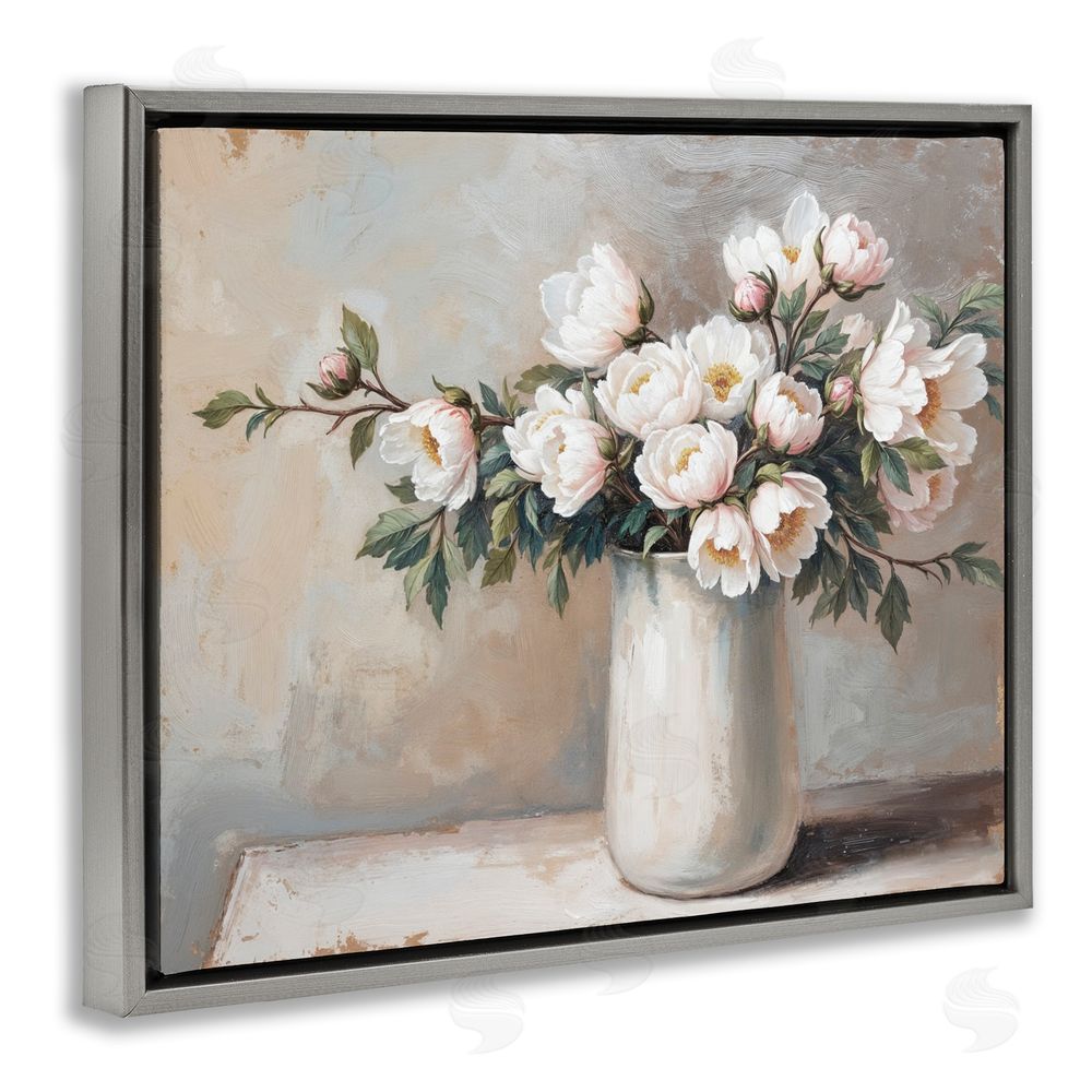 Lettered and Lined White Flowers in Vase Still Life Gray Floating Frame Canvas Wall Art Print