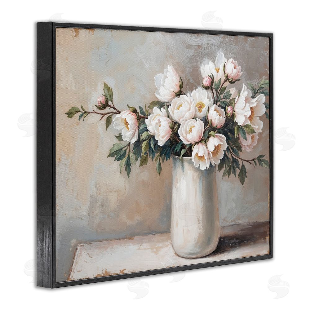 Lettered and Lined White Flowers in Vase Still Life Black Framed Giclee Print Wall Art