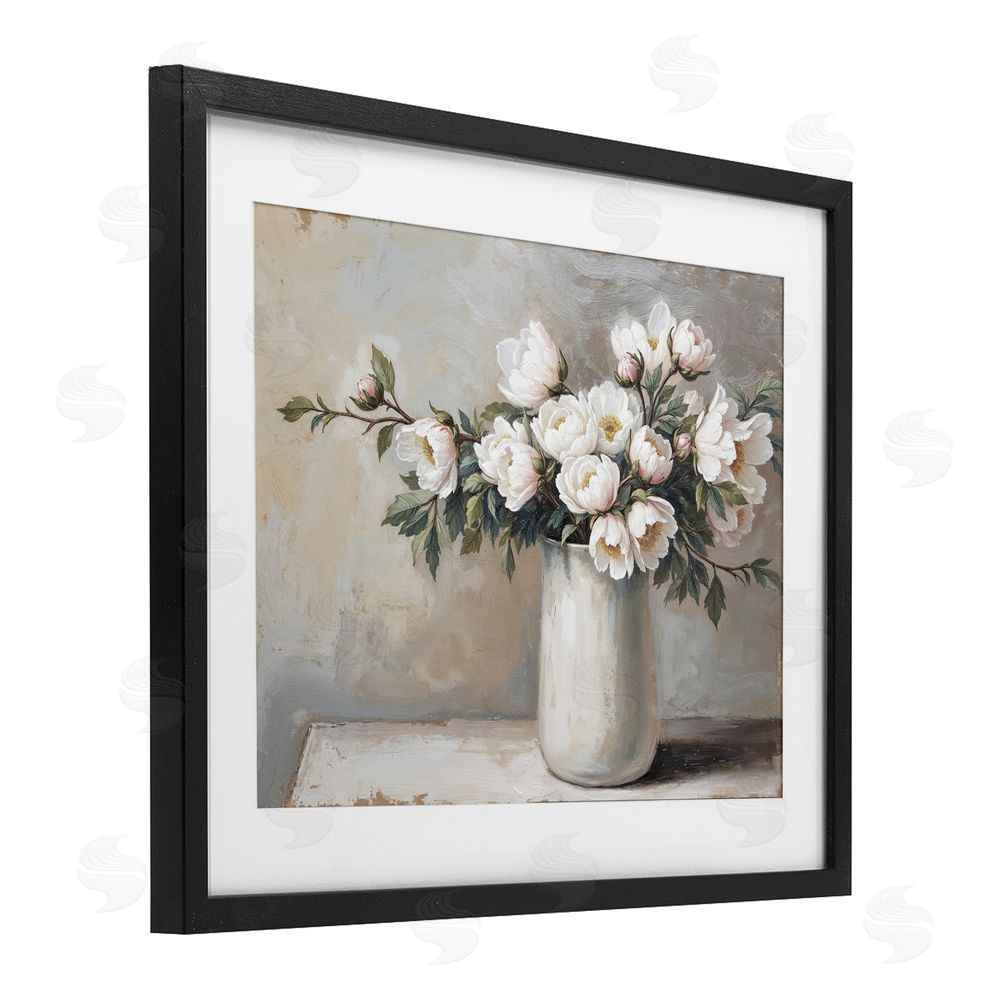 Lettered and Lined White Flowers in Vase Still Life Black Framed Print Under Glass Wall Art