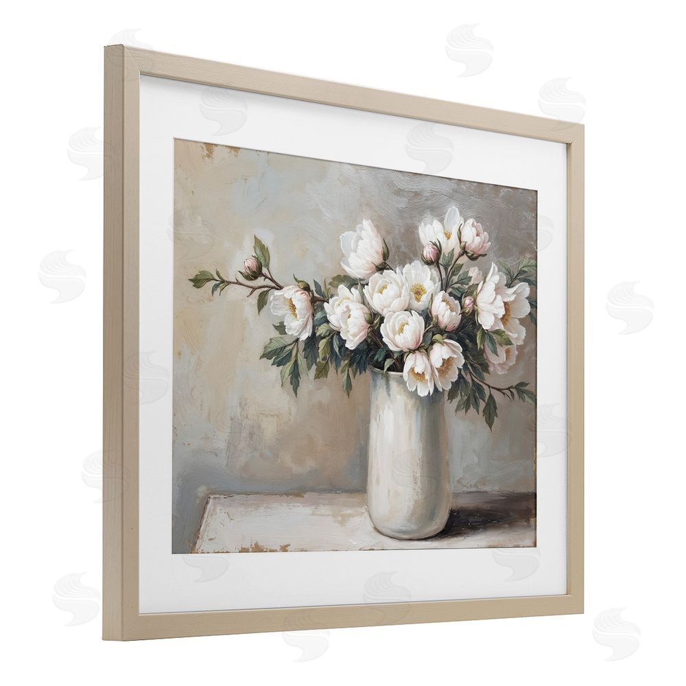Lettered and Lined White Flowers in Vase Still Life Brown Framed Print Under Glass Wall Art
