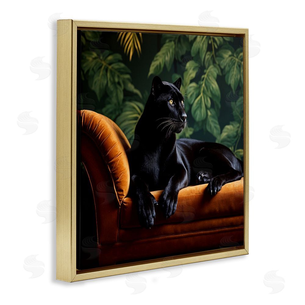 Lettered and Lined Majestic Panther on Chaise Gold Floating Frame Canvas Wall Art Print