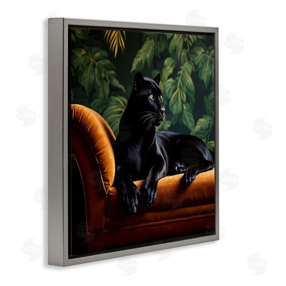 Lettered and Lined Majestic Panther on Chaise Gray Floating Frame Canvas Wall Art Print